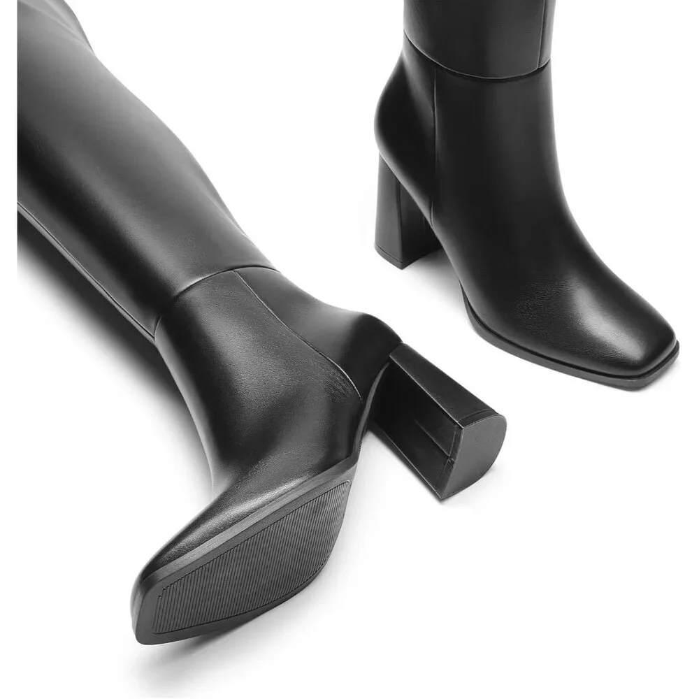 Women's Black Faux Leather Thigh High Block Chunky Heeled Knee High Long Boots